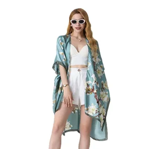Light blue floral satin kimono beach cover up shawl for women loose summer outer wear