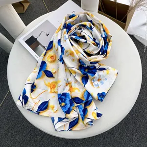 Women Fashion Imitation Silk Jacquard Scarf Elegant Floral Print Long Shawl Soft Satin Beach Stole For Spring Autumn