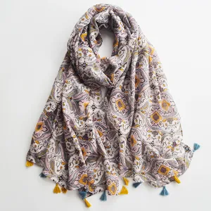 Écharpe châle imprimée en coton lin à franges de style ethnique, beau design floral.