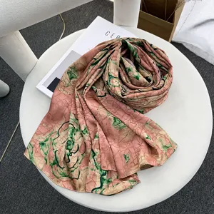 Women's pink floral silk scarf elegant fashion shawl draped styling main display product