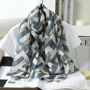 Geometric print simulation silk scarf, large summer travel shawl and fashion neck wrap.