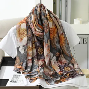 Large imitation silk floral scarf for women, elegant vintage shawl for spring, summer and autumn.