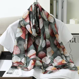 Summer large imitation silk scarf shawl abstract leaf print lightweight fashion beach travel wrap