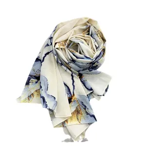 Elegant imitation silk scarf with blue and gold marble pattern, folded in rose shape for women.