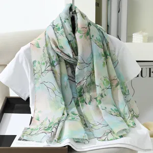 Green botanical leaf print long silk scarf summer lightweight fashion shawl neck wrap