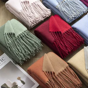Autumn winter double-sided solid cashmere feel scarf thick tassel women warm shawl detail view