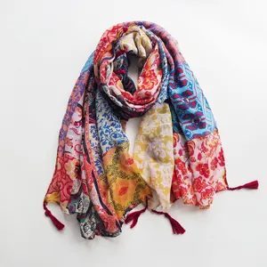 Écharpe à franges imprimée ethnique, châle coloré en coton et lin mode bel accessoire
