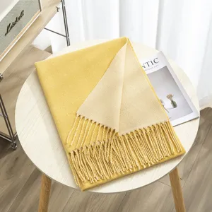 Reversible yellow and beige imitation cashmere winter scarf with elegant fringe design