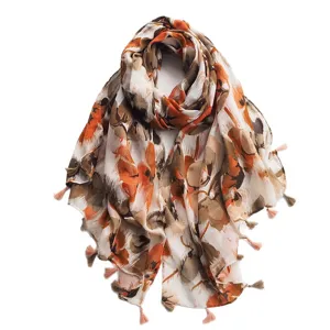 Écharpe châle en coton lin imprimé floral ethnique avec glands, accessoire principal polyvalent.