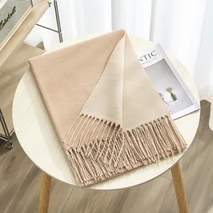 Thickened double-sided solid color imitation cashmere scarf with chic fringe for women.