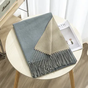 Reversible two-tone imitation cashmere scarf with tassels, warm winter women shawl.