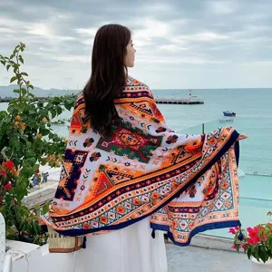 Ethnic style print beach shawl, summer sun protection scarf for women, seaside vacation.
