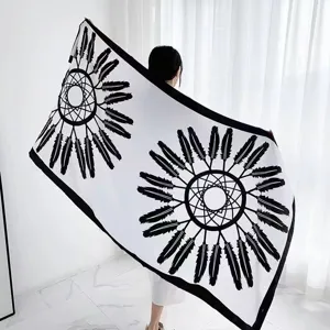 Ethnic style black and white dreamcatcher feather print linen shawl scarf detail view.