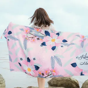 Floral print beach towel scarf for women, lightweight cotton linen shawl for summer vacation.