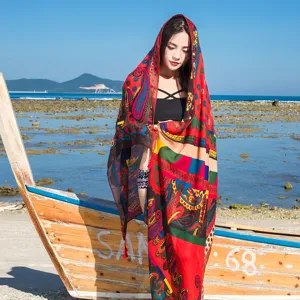 Chic paisley print silk feel women scarf, vibrant colorful summer beach shawl and head wrap.