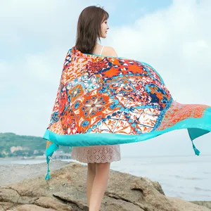 Ethnic style beach scarf, long breathable printed wrap for women, perfect for travel and sun protection.