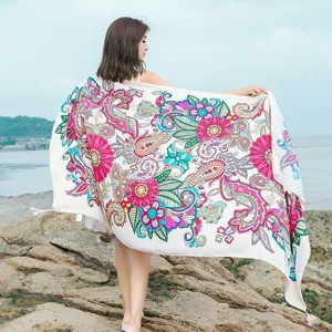 Ethnic style floral print beach scarf women long cotton linen shawl sun protection wrap