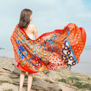 Ethnic style long beach towel scarf, colorful geometric printed lightweight summer shawl.