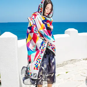 Colorful geometric print cotton scarf for women, ethnic style sun protection summer shawl.