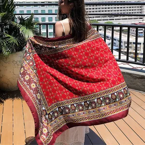 Ethnic style red floral print square scarf shawl for women summer vacation sun protection.