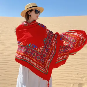 Ethnic style red printed sunscreen scarf shawl for women desert travel photography outfits