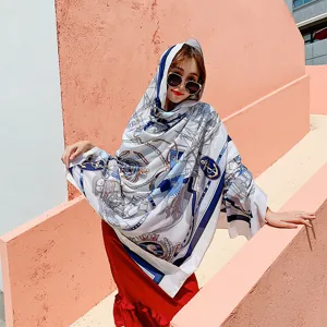 Elegant women long silk scarf luxury style nautical print fashion beach shawl wrap