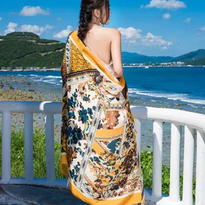 Women summer beach sun protection shawl, ethnic style floral print scarf for travel outdoor.