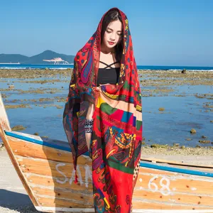 Ethnic style beach scarf, vibrant paisley print summer shawl for women vacation travel sun protection.