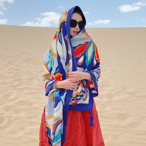Colorful abstract geometric silk scarf for women, ethnic style desert travel photo shawl.