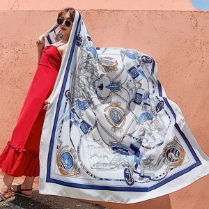 Luxury nautical print silk scarf large square shawl for women resort sun protection