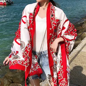 Fashion red and white baroque carriage print silk scarf large elegant shawl for women