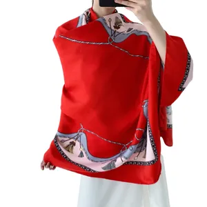 Red imitation silk long scarf, luxury style rope printed sun protection shawl for women