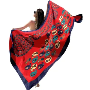 Retro red paisley silk scarf women summer beach travel ethnic long shawl outer wear wrap!