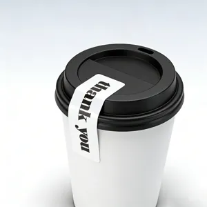 Close-up detail shot of disposable paper coffee cup featuring a thank you sticker label.