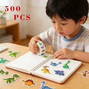 Cute cartoon dinosaur stickers roll, 500 pcs waterproof vinyl decals for notebook, guitar.