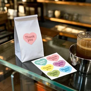 Heart-shaped macaron thank you stickers for gift sealing, baking packaging and envelope decor.
