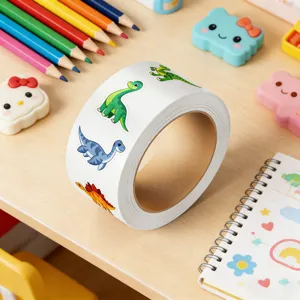 Detail shot of a cute cartoon dinosaur sticker roll, perfect for journaling and laptop decoration.