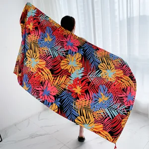 Floral print beach scarf, retro tropical shawl, lightweight cotton linen wrap for women.