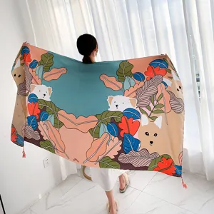 Retro floral print women scarf shawl, casual summer travel sun protection cape accessory.
