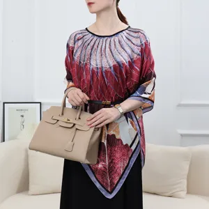 Women printed silk poncho shawl cover up loose plus size elegant summer top scarf detail