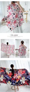 Summer imitation silk scarf and large beach shawl featuring elegant botanical floral prints.