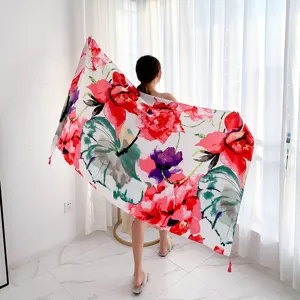 Women floral print scarf elegant tassel shawl retro sun protection beach wrap scarf fashion
