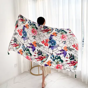 Women vintage floral print shawl scarf breathable casual sun protection wrap tassel accessory