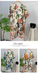Women floral print beach cover up kimono cardigan casual summer vacation shawl with fringe.