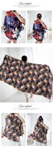 Women's floral printed silk feel large shawl scarf for beach vacation and sun protection.