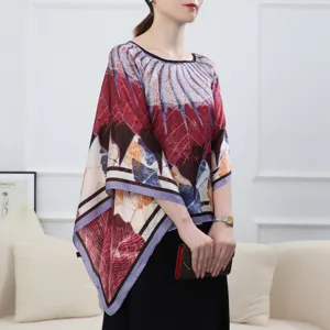Women colorful printed silk scarf shawl top, summer loose batwing sleeve sun protection cape.