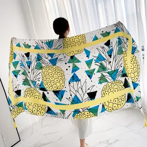 Pineapple geometric print cotton linen shawl scarf, vintage boho sun protection wrap detail.