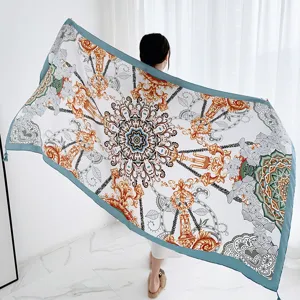 Detail view of vintage baroque print shawl with teal border. Perfect ethnic style accessory.