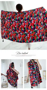 Floral print silk scarf women summer beach shawl ethnic style sun protection large wrap