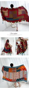 Geometric ethnic print large scarf shawl, soft texture, stylish beach wrap for women.